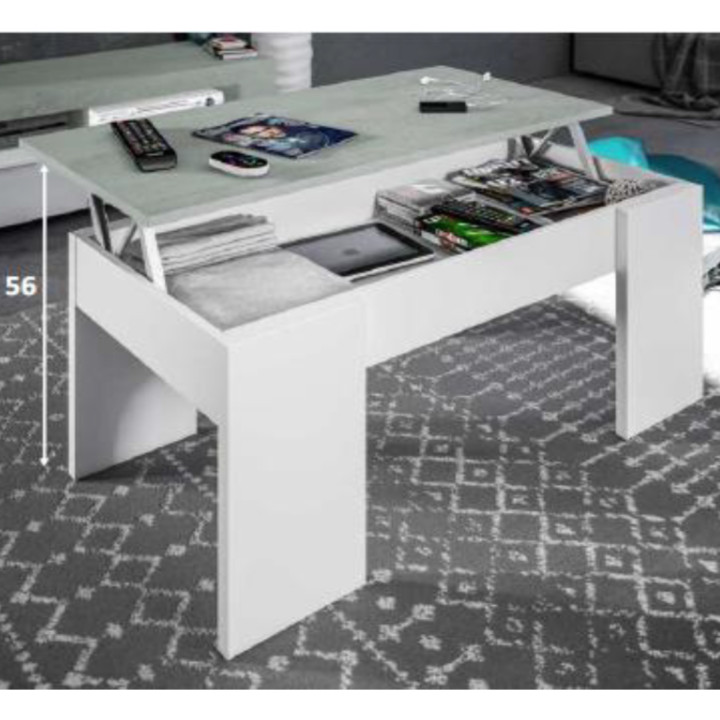 Table basse à plateau relevable ciment et blanc