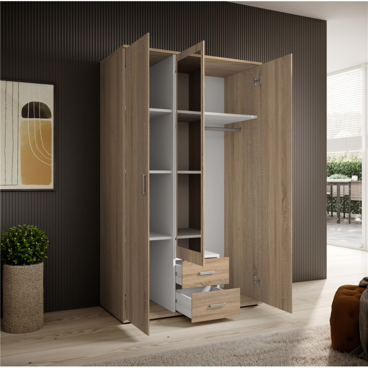 Armoire Karl - 3 portes et 2 tiroirs chêne sonoma