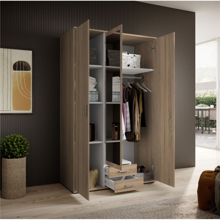 Armoire Karl - 3 portes et 2 tiroirs chêne sonoma