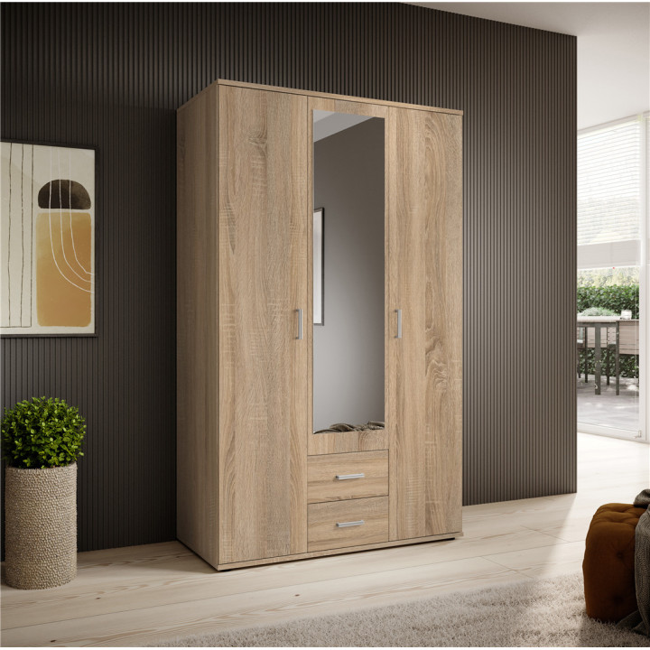 Armoire Karl - 3 portes et 2 tiroirs chêne sonoma