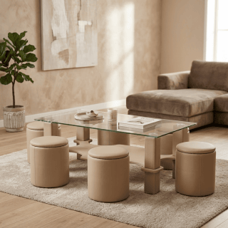 Table de salon + 6 pouf Nora beige