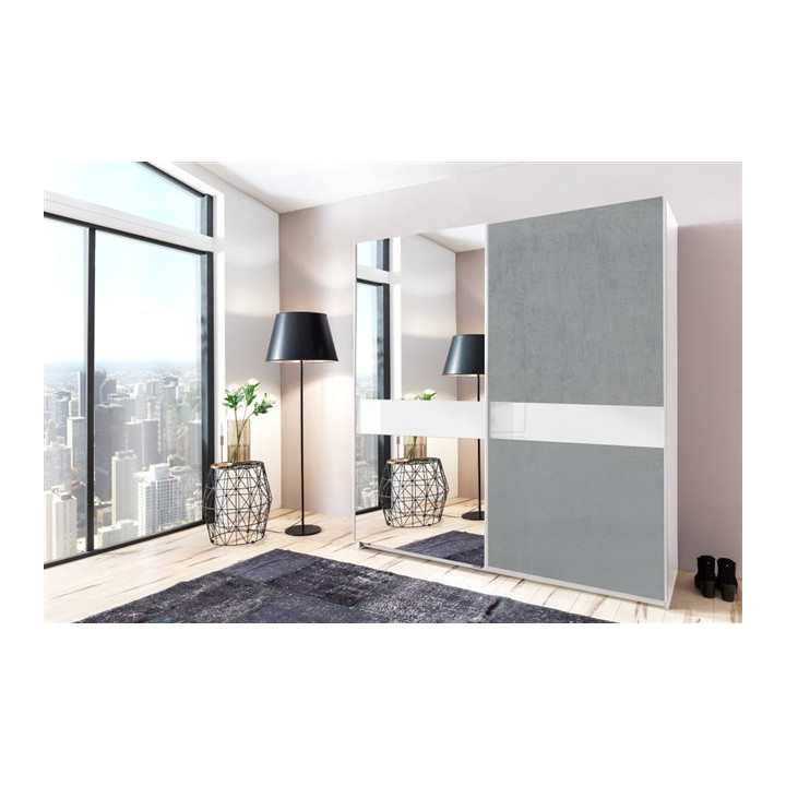 Armoire 2 portes Weimar béton gris clair/verre blanc