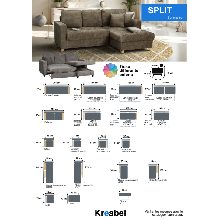 Salon d'angle droit Split gris