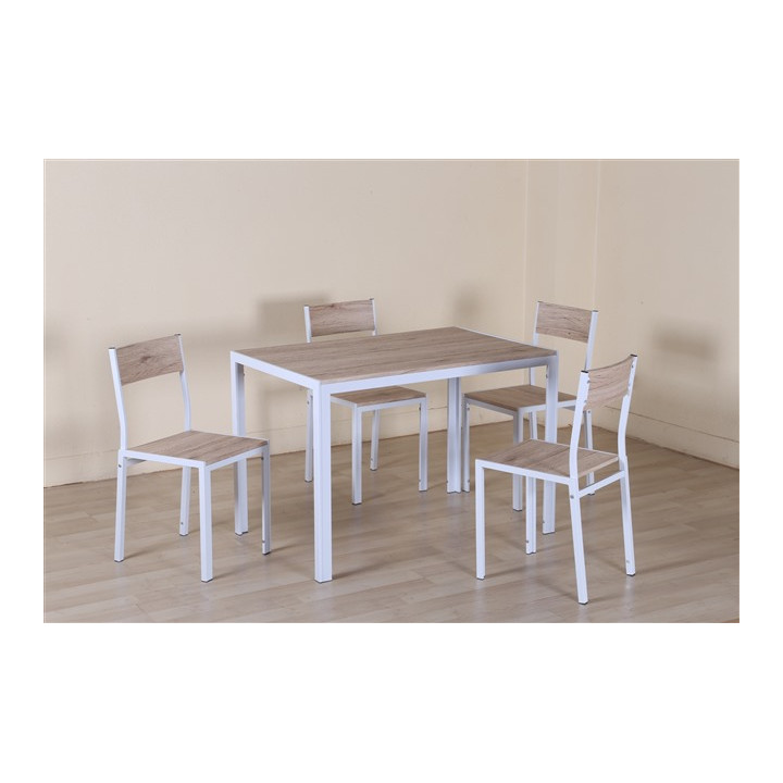 Table + 4 chaises D01182 blanc et bois clair