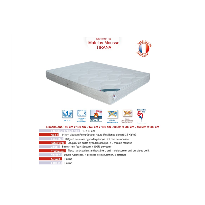 Matelas 140x190 Tirana mousse polyurethane