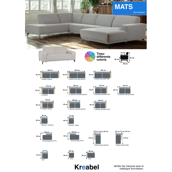 Canapé  2,5 places Mats gris