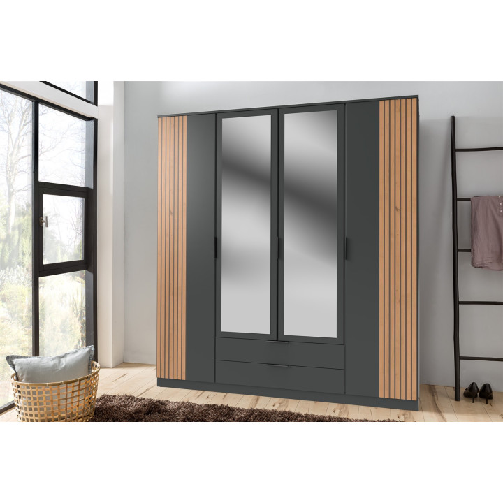 Armoire 4 portes Luebeck graphite/aspect clayette artisan