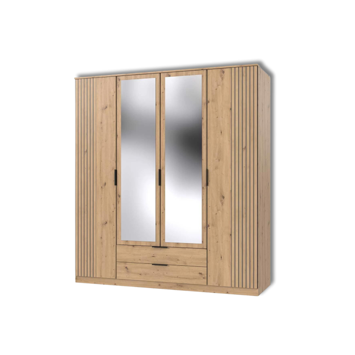 Armoire 4 portes (2 miroir) Luebeck graphite/aspect clayette artisan