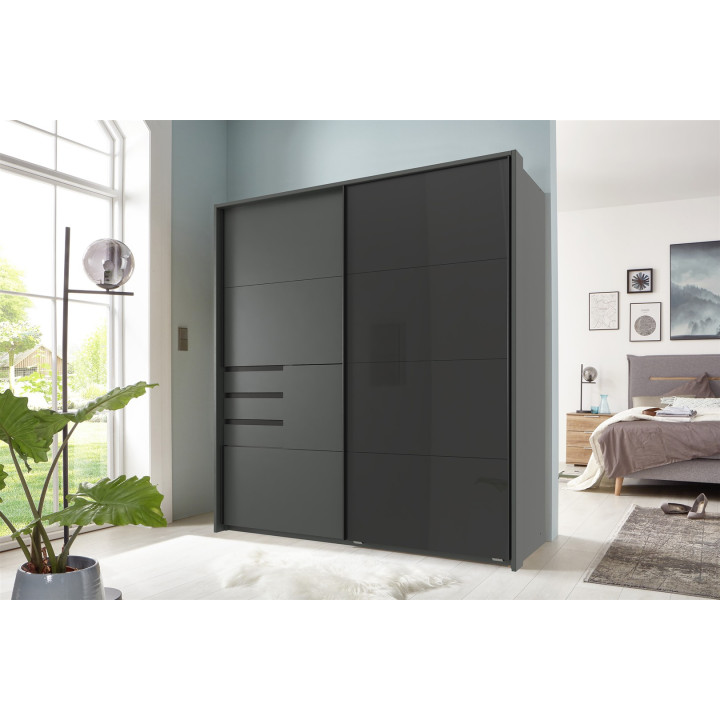 Armoire 2 portes Schwerin graphite/verre noir