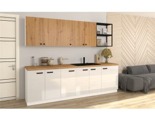MIA - Cuisine 260 cm blanc laqué et couleur bois