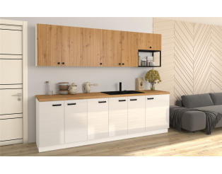 Mia 260 cm Cuisine 2 blanc laqué et bois