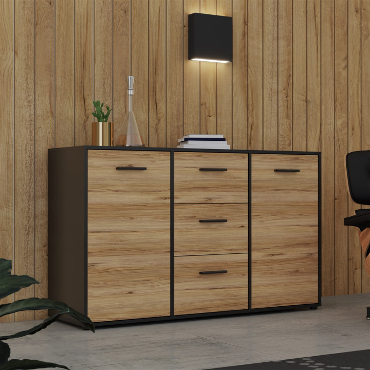 Commode 2P/3T Mokkaro chêne catania/noir