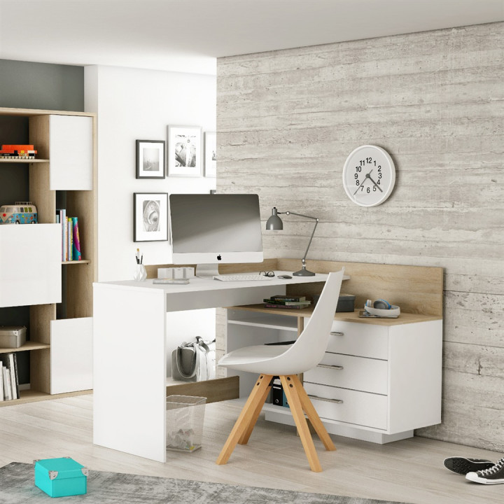 Thales - Bureau d'angle 484881 - Chêne brossé et blanc mat