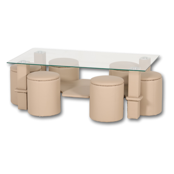 Table de salon + 6 pouf Nora beige