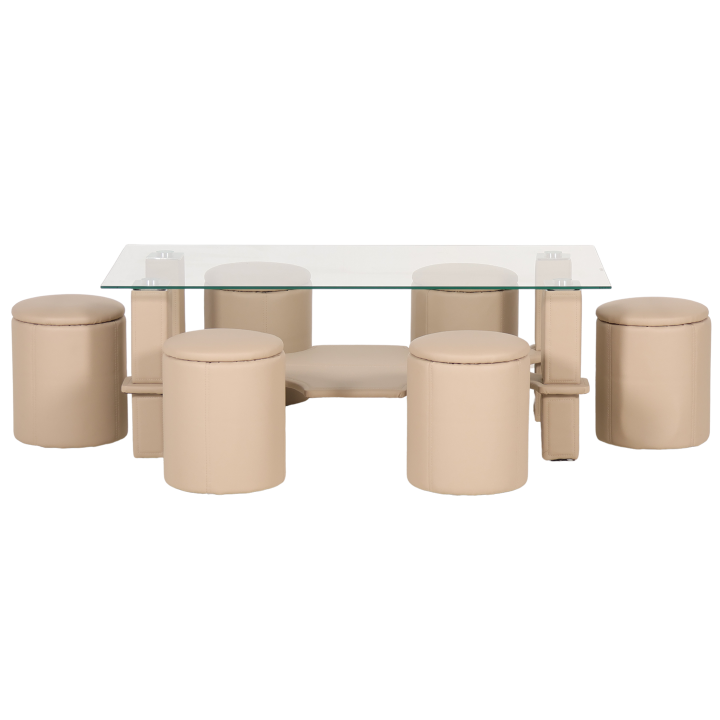 Table de salon + 6 pouf Nora beige