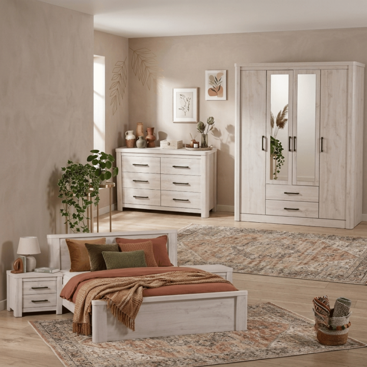Chambre à coucher Olivos - Armoire , lit 2 chevets, commode
