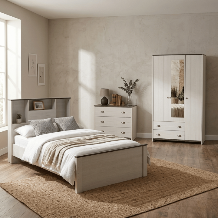 Chambre Arlo Junior - Lit + commode 3 tiroir + armoire 3 portes