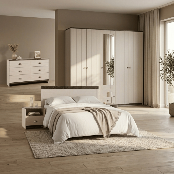Chambre à coucher Arlo - Armoire 5 portes + Lit 160 cm + commode 6 tiroirs + 2 chevets