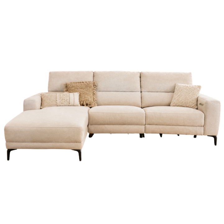 Salon d'angle gauche Cologne beige avec relax éléctrique