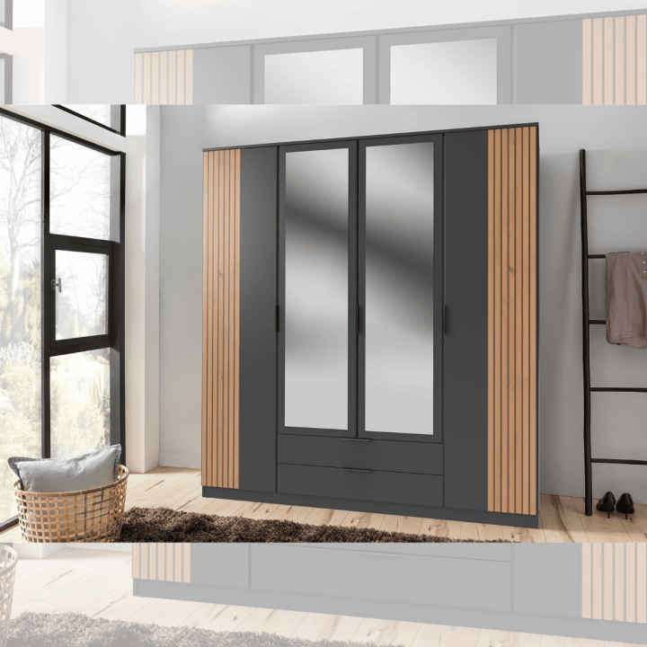 Armoire 4 portes Luebeck graphite/aspect clayette artisan