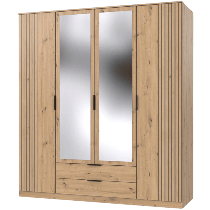 Armoire 4 portes (2 miroir) Luebeck graphite/aspect clayette artisan