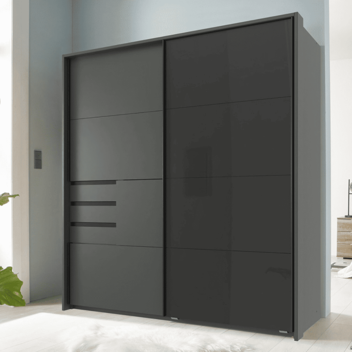 Armoire 2 portes Schwerin graphite/verre noir