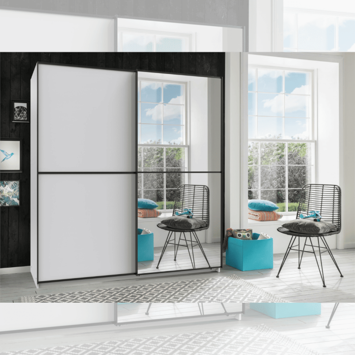 Armoire 2 portes coulissantes avec miroir 180 cm décor blanc, ULM