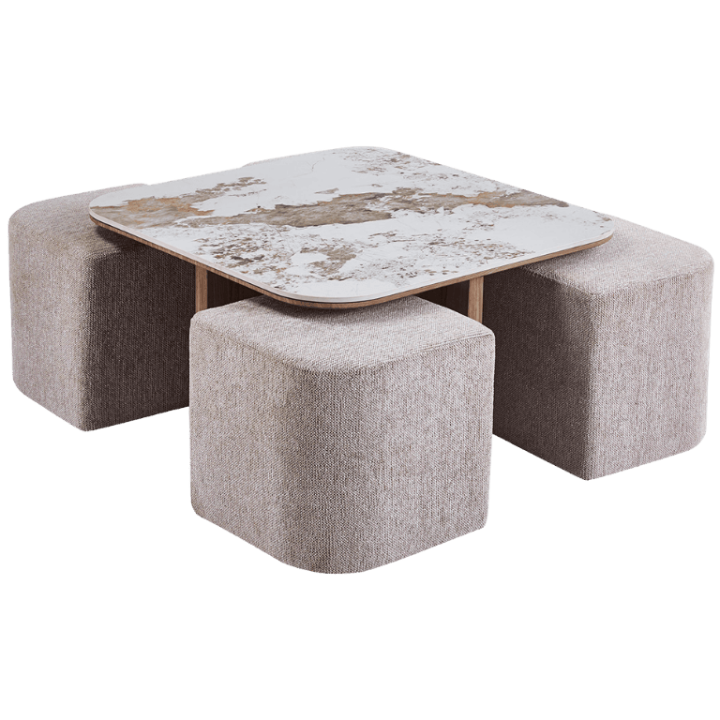 Table basse Evora avec 4 poufs tissu
