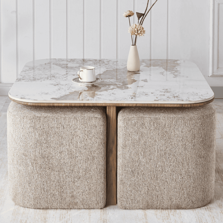 Table basse Evora avec 4 poufs tissu