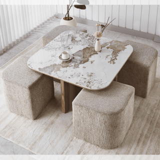 Table basse Evora avec 4 poufs tissu
